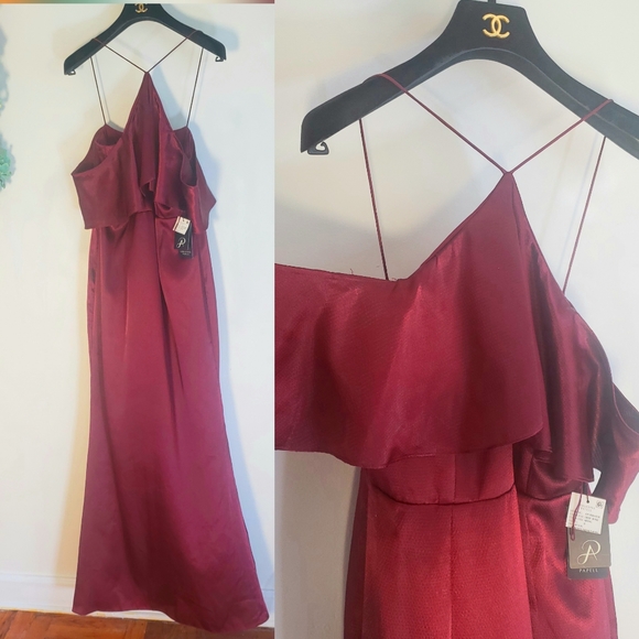 NWT ADRIANNA PAPELL Wine Satin Ruffle Gown Dress 6 - Picture 5 of 10